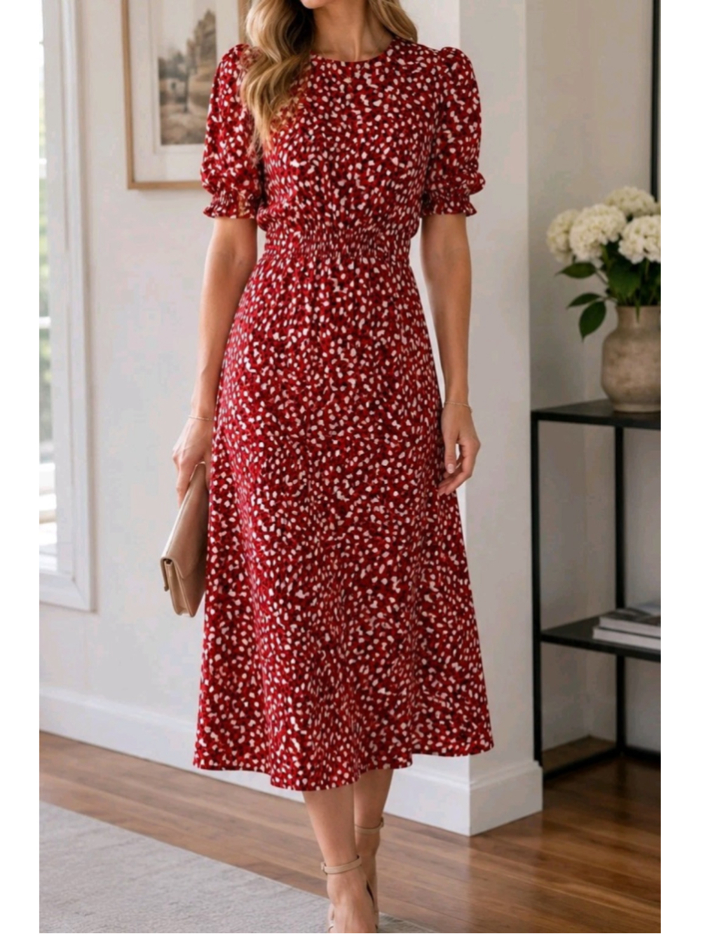 Vince Camuto Red Animal Print Puff Sleeve Midi Dress Sz 2 Lined Party Brunch